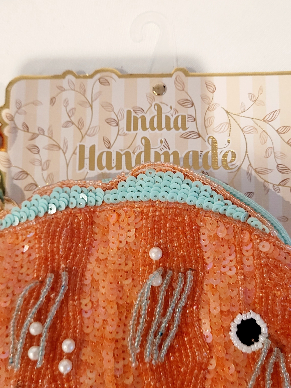 Sequin Hand Beaded Orange Fish Coin Purse - Picture 3 of 4